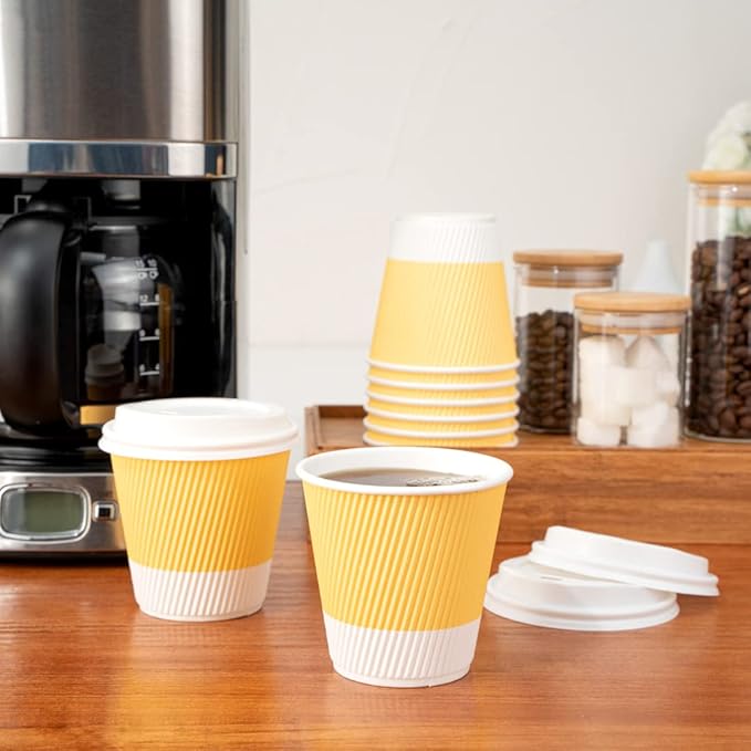 Restaurantware 8 Ounce Double Wall Disposable Coffee Cups, 500 Insulated Light Yellow Paper Tumblers with Ripple Wall Design, Lids Sold Separately for Hot Drinks like Tea, Coffee and More