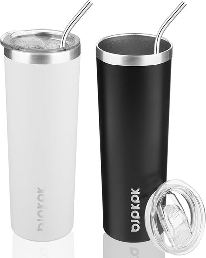 BJPKPK 20 oz Skinny Tumbler with Lid 2 Pack Slim Insulated Travel Coffee Cup Stainless Steel Thermal Mug,Black,White