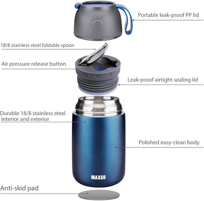 MAXSO 2 Pack Soup Thermo for Hot & Cold Food for Kids Adults, Vacuum Insulated Food Jar Thermal Lunch Containers, Travel Food Flask with Spoon (24 oz,17 oz) (Dark Blue)