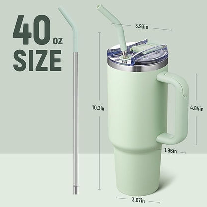 COKTIK 40 oz Tumbler With Handle and Straw Lid, Vacuum Insulated Travel Coffee Mug Stainless Steel Insulated Cup for Beverages, Leak-proof, Cupholder Friendly (Seafoam)