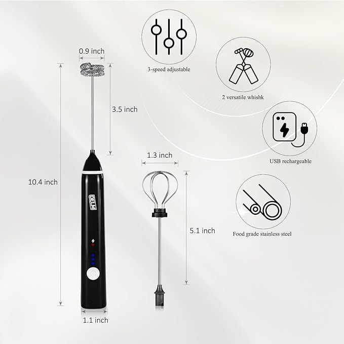 Delm Milk Frother Electric USB Stainless Steel Accessory - Frother Wand Foam Maker for Lattes - Milk Frother Handheld for Cappuccino, Frappe, Matcha, Hot Chocolate - Frother for Coffee (black)