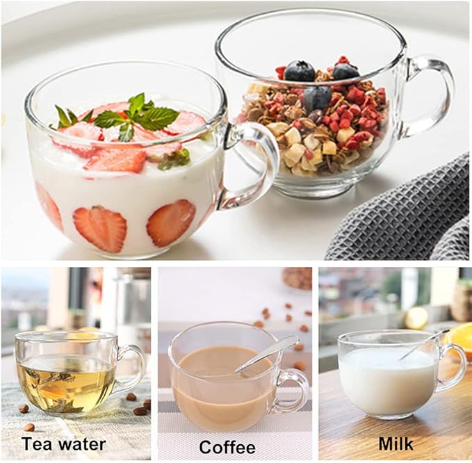 Large Clear Glass Coffee Mugs Set of 2,14.8 oz(440ml)-Wide Mouth Tea Cups with Handle and Spoon Transparent Drinking for Cappuccino Cups, Latte, Milk color 4 Piece