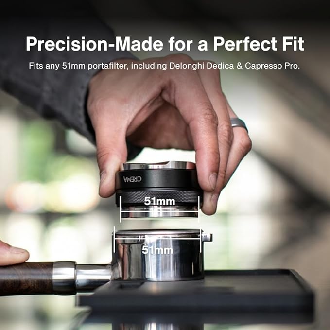 Crema Coffee Products 51mm Hand Tamper & Coffee Distributor|Compatible with Delonghi Dedica & La Specialista Portafilter|Double-Sided, Adjustable Depth Tool|Made with Durable 304 Stainless Steel|Black