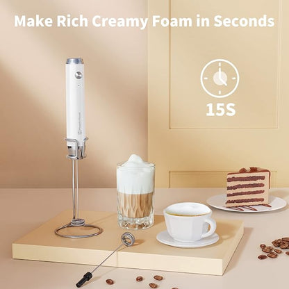 Maestri House Rechargeable Milk Frother with 3 Heads, LunaFro AS Handheld Electric Foam Maker Waterproof Detachable Stainless Steel Whisk Drink Mixer Foamer with Stand for Lattes, Cappuccino, Egg