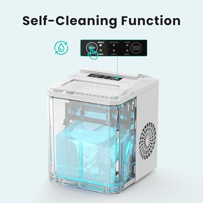 OLIXIS Countertop Ice Maker with Self-Cleaning, Portable Ice Maker Machine with Ice Scoop, 26.5Lbs/24H, 9 Cubes in 6 Mins, 2 Sizes of Bullet Ice for Home, Kitchen, Office, Bright White
