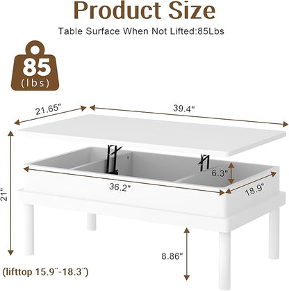 Shintenchi Coffee Table, Lift Top Coffee Table with Hidden Compartment, Rising Tabletop Dining Table, Lift Top Coffee Center Table for for Living Room, Office, Home (White)