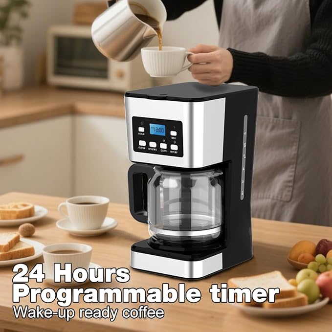 12-Cup Programmable Coffee Maker, Regular & Strong Brew Drip Coffee Machine for Home and Office, Glass Carafe, Pause & Serve, Auto Shut Off, Gray & Stainless Steel (Black)