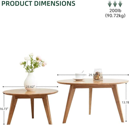 100% Solid Oak Wood Coffee Table Set, Round Coffee Table Combo Side Table w/Solid Wood Legs, Mid Century Table Sturdy Tables for Bedroom Balcony Living Room (Natural, Big-Medium Combo)