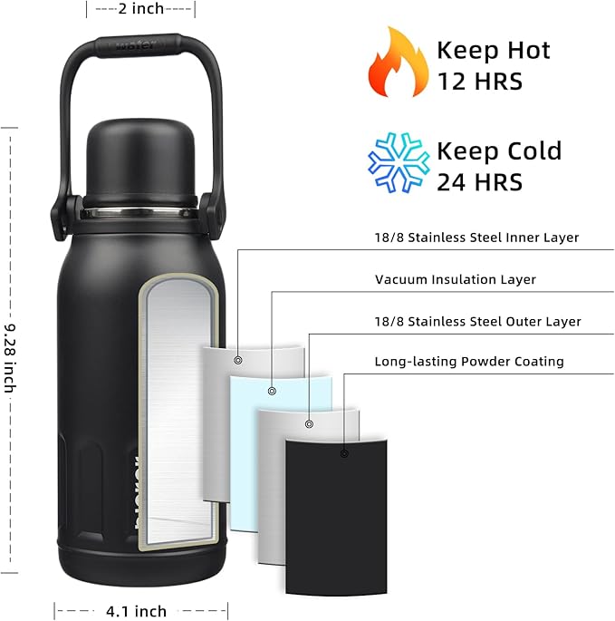 BJPKPK Insulated Water Bottle 40oz Stainless Steel Water Bottles with Handle and Cup Lid Travel Metal Thermal Flask,Black