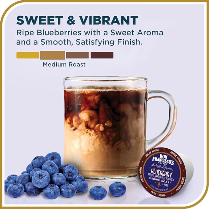 Don Francisco's Blueberry Flavored Coffee - 24 K-Cup Compatible Single-Serve Pods - 100% Arabica - Recyclable through Terracycle - Smooth, Sweet Berry Flavor