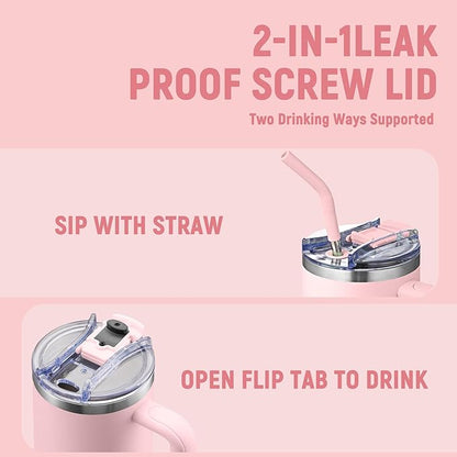 COKTIK 40 oz Tumbler With Handle and Straw Lid, Vacuum Insulated Travel Coffee Mug Stainless Steel Insulated Cup for Beverages, Leak-proof, Cupholder Friendly (Blush)