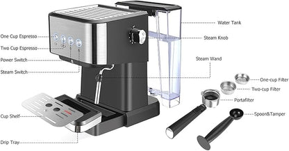 1.5L 1050W Semi Automatic Compact Coffee Machine with Milk Frothing System,20Bar High Pressure,Semi Automatic Vintage Espresso Machine,for Espresso Latte Cappuccino