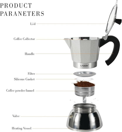 Stovetop Espresso Maker, 6Cup Moka Pot, Espresso Machine Compatible with Induction Cooktops, 300ml Stainless Steel & Aluminum Cuban Coffee Maker for Cafetera Cubana, Silver