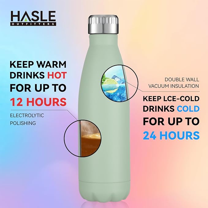 HASLE OUTFITTERS 17oz Stainless Steel Water Bottles, Vacuum Insulated Water Bottles Double Walled Reusable Metal Sports Water Bottles Keep Drinks Hot and Cold, Light Green, 1Pack