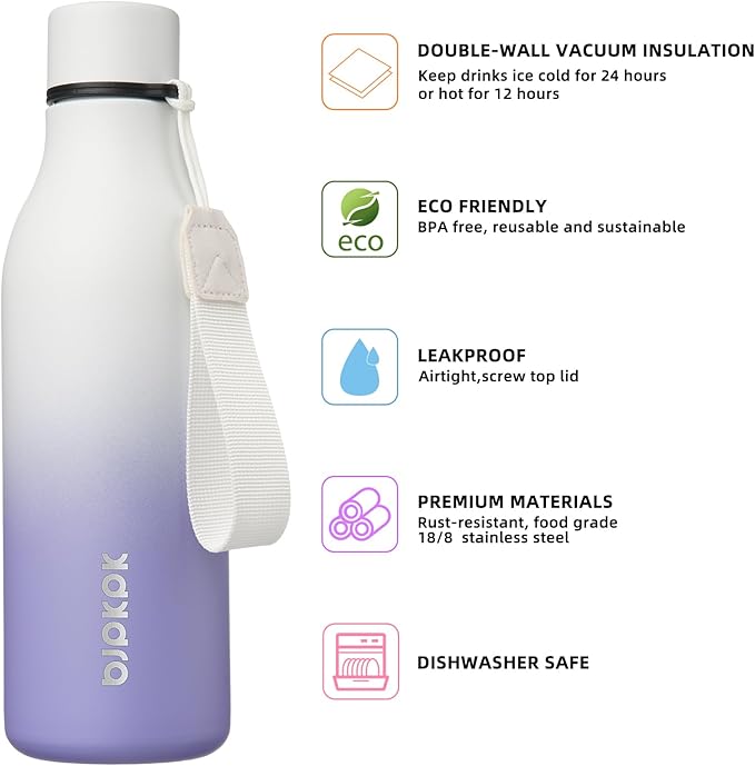 BJPKPK Insulated Water Bottles, 18 oz Stainless Steel Metal Water Bottle with Strap, BPA Free Leak Proof Jugs, Mugs, Flasks, Reusable Thermal Flasks for Sports & Travel, Lilac Elegance