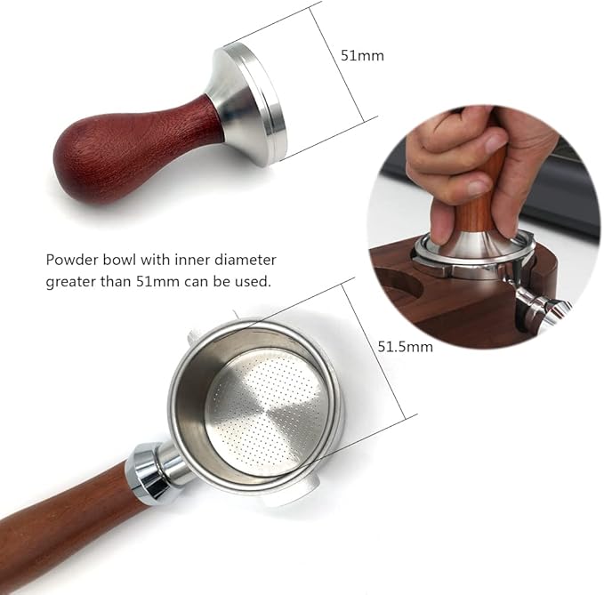 51mm Coffee Tamper Espresso Hand Tamper 304 Stainless Steel Espresso Wooden Handle Coffee Tamper with Mat (51mm)