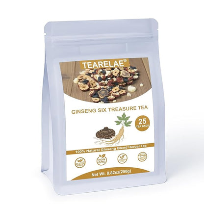 TEARELAE - Ginseng Six Treasure Tea - 10g x 25 Count - Traditional Chinese Herbal Tea for Kidney & Liver Support, 7 Precious Ingredients - Natural Herbal Blend for Daily Wellness - Caffeine-free