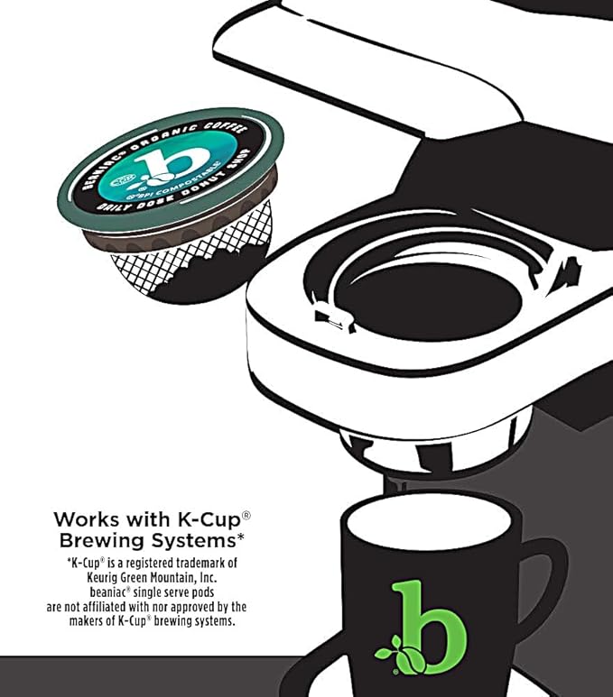 beaniac Organic Daily Dose Donut Shop, Light Roast, Single Serve Compostable K Cup Coffee Pods, Organic Arabica Coffee, Keurig Brewer Compatible, 30 Count