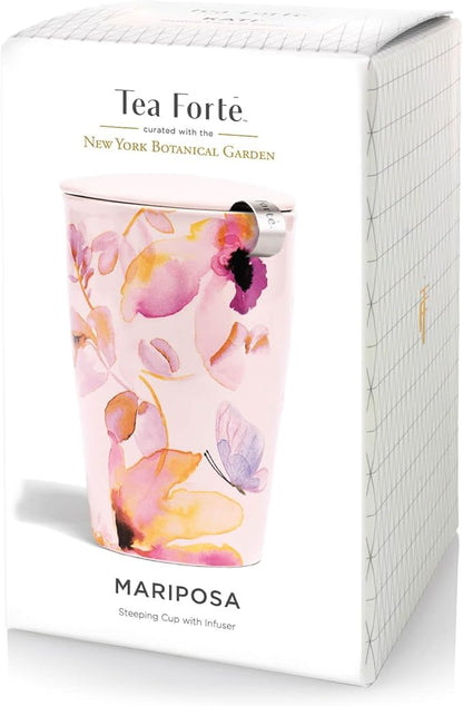 Tea Forte Mariposa Double-Walled Ceramic Kati Cup with Removable Stainless Steel Infuser Basket and Lid, Steeps 12 oz Loose Leaf Tea, Lid and Cup Dishwasher & Microwave Safe