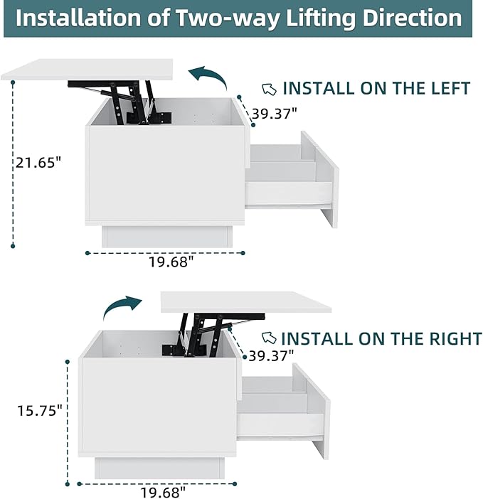 LED Coffee Table with Lift Top Morden Coffee Table with Storage High Gloss White Sofa Table for Living Room Center Tables Hidden Compartment & 2 Drawers