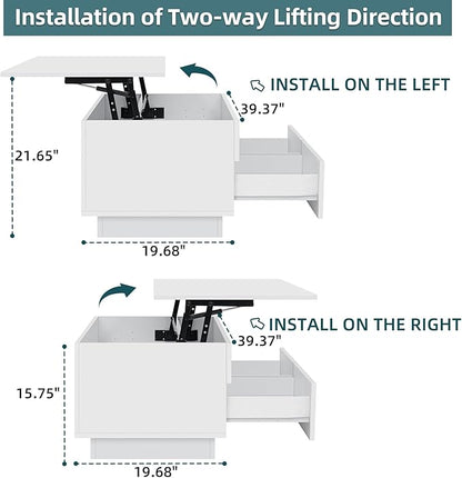 LED Coffee Table with Lift Top Morden Coffee Table with Storage High Gloss White Sofa Table for Living Room Center Tables Hidden Compartment & 2 Drawers