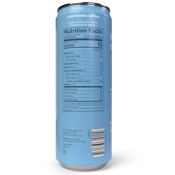 happy coffee cold brew, 11 oz. cans, 12 pack, notes of chocolate & genius, 100% arabica beans, no artificial flavors or sweeteners