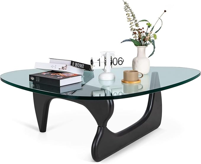 Noguchi Triangle Glass Coffee Table with Solid Wood Base, Vintage Clear Glass Top Modern Design for Living Room, Patio, Study, Black