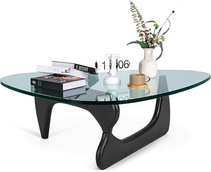 Noguchi Triangle Glass Coffee Table with Solid Wood Base, Vintage Clear Glass Top Modern Design for Living Room, Patio, Study, Black