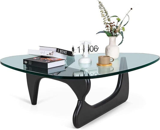 Noguchi Triangle Glass Coffee Table with Solid Wood Base, Vintage Clear Glass Top Modern Design for Living Room, Patio, Study, Black