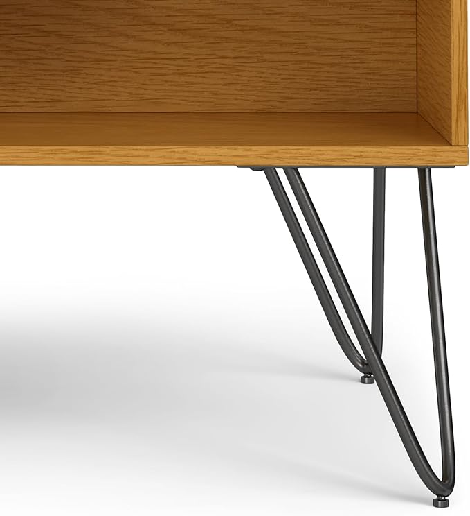 SIMPLIHOME Hunter Small Lift Top Coffee Table - 36 inch Wide Solid Oak Veneer and Metal Industrial Cocktail Table in Oak, Living Room Table with Hidden Storage, 2 Cubbies, and Hairpin Legs