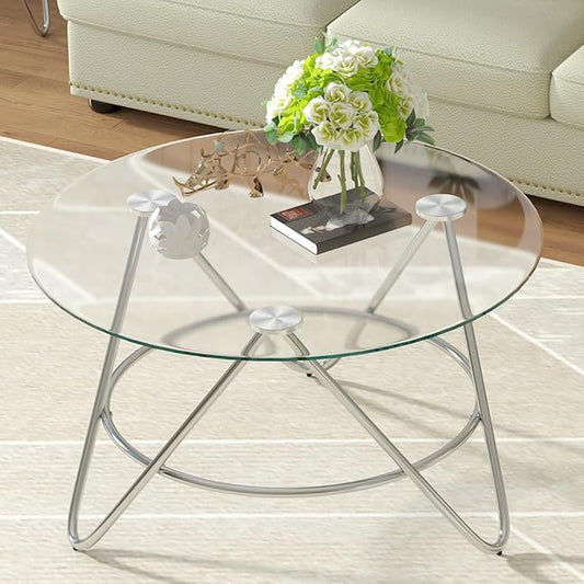 OIOG Glass Coffee Table, Round Coffee Table Living Room, Modern Coffee Table with Tempered Glass Tabletop and Chrome Frame, Silver