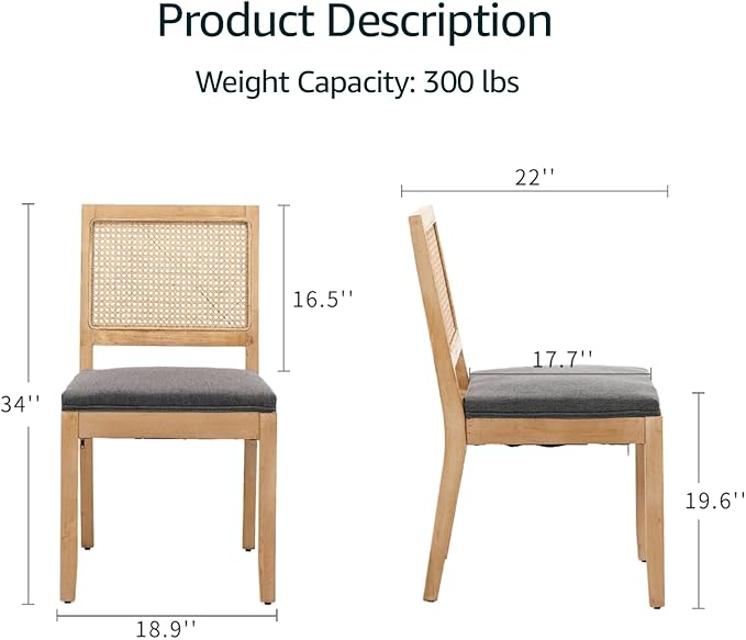 French Country Dining Chairs Set of 8, Grey Modern Kitchen & Dining Room Chairs, Rattan Dining Chair with Linen Upholstered Cushion, Low Cane Back, Wood Legs, Sillas de Comedor (Gray, 8 Pcs)