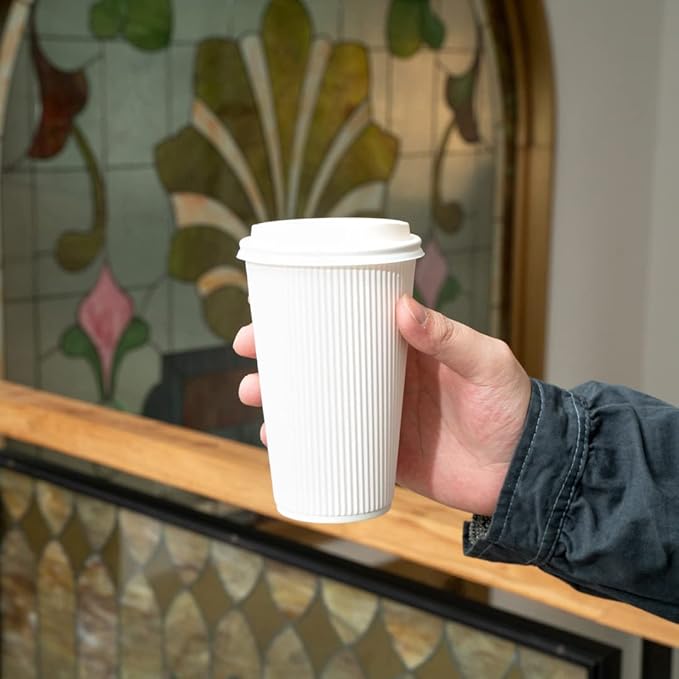 Restaurantware 16 Ounce Ripple Wall Disposable Coffee Cups, 500 Insulated White Paper Tumblers with Rolled Rim Design, Lids Sold Separately for Hot Drinks like Tea, Hot Chocolate and More
