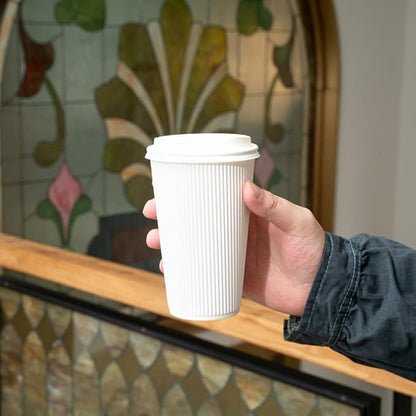 Restaurantware 16 Ounce Ripple Wall Disposable Coffee Cups, 500 Insulated White Paper Tumblers with Rolled Rim Design, Lids Sold Separately for Hot Drinks like Tea, Hot Chocolate and More