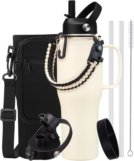 32oz 40oz Insulated Water Bottle with Handle, Leakproof Straw Lid, Pop-up Chug Lid, Paracord Handle and Storage Carrier Bag, Keep Cold 48h & Hot 24h, Slim Travel Tumbler Fit in Car Cup Holder