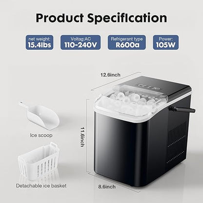 Sweetcrispy Countertop Ice Maker Machine, Portable Self-Cleaning Ice Machine with Ice Scoop, Basket and Handle, 9 Cubes in 6 Mins, 26.5lbs/24Hrs, 2 Sizes of Bullet Ice for Home Kitchen, Coal Black