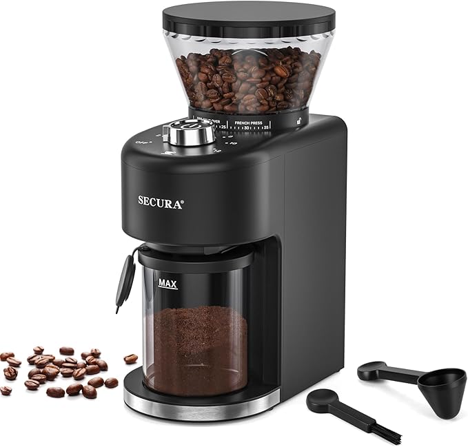 Secura Stainless Steel Conical Burr Coffee Grinder – 35 Grind Settings, 2-12 Cup Capacity, 8.8 oz Bean Storage, One-Touch Operation