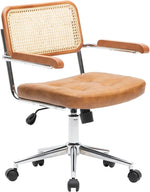 Load image into Gallery viewer, Rattan Office Chairs, Modern Rattan Desk Chair with Natural Back &amp; Wood Armrest, Small Upholstered Tufted Leather Home Office Desk Chairs for Home Ofice, Bedroom, Study, Brown