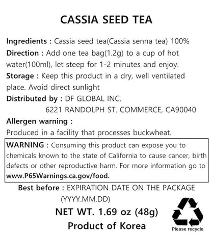 Damtuh Cassia Seed Tea – Traditional Korean Herbal Tea, Smooth & Caffeine-Free, 40 Tea Bags (1.2g each, Pack of 2)