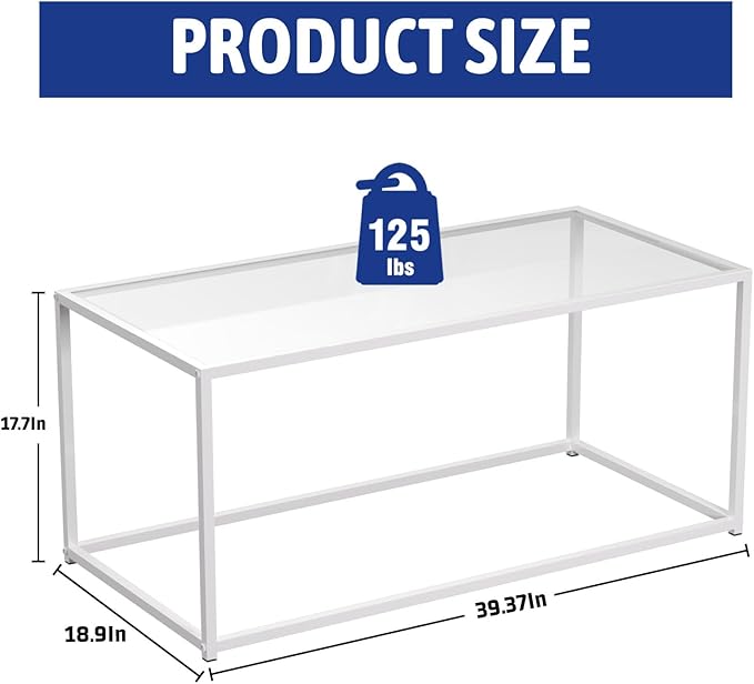 Coffee Table Glass Center Table,Modern Minimalist Coffee Table for Living Room,Tempered Glass-top with Sturdy Metal Frame, Easy Assembly,39.4 x 18.9 x 17.7 Inches,White