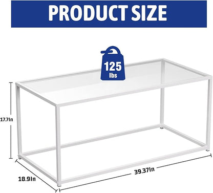 Coffee Table Glass Center Table,Modern Minimalist Coffee Table for Living Room,Tempered Glass-top with Sturdy Metal Frame, Easy Assembly,39.4 x 18.9 x 17.7 Inches,White