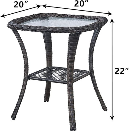 HUMMUH Patio Wicker Side Table Outdoor, Rattan End Table Glass Top Coffee Table with Storage Grey