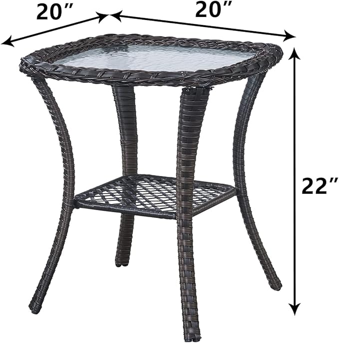 HUMMUH Patio Wicker Side Table Outdoor, Rattan End Table Glass Top Coffee Table with Storage Grey