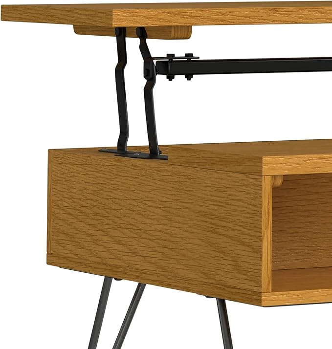 SIMPLIHOME Hunter Small Lift Top Coffee Table - 36 inch Wide Solid Oak Veneer and Metal Industrial Cocktail Table in Oak, Living Room Table with Hidden Storage, 2 Cubbies, and Hairpin Legs