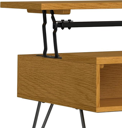 SIMPLIHOME Hunter Small Lift Top Coffee Table - 36 inch Wide Solid Oak Veneer and Metal Industrial Cocktail Table in Oak, Living Room Table with Hidden Storage, 2 Cubbies, and Hairpin Legs