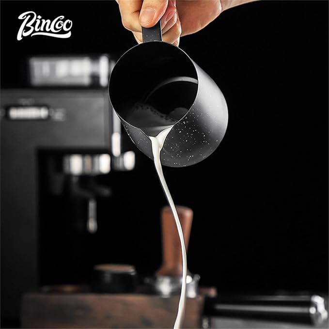 Bincoo Star Milk Frothing Pitcher 12oz,Espresso Steaming Pitcher,Espresso Machine Accessories,Milk Frother cup,Milk Coffee Cappuccino Latte Art,Stainless Steel Jug Cup.(Black 12oz)