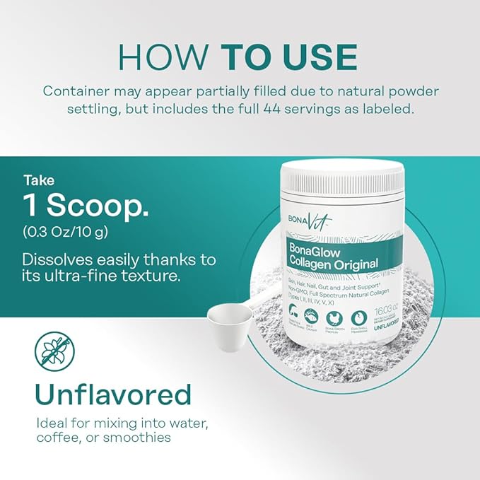 BonaGlow - Multi-Source Hydrolyzed Collagen - Powder Extract - 44 Servings - with Vitamin C, Probiotics, and Digestive Enzymes - Sugar-Free and Non-GMO - Paleo-Friendly - Skin, Nails, Hair