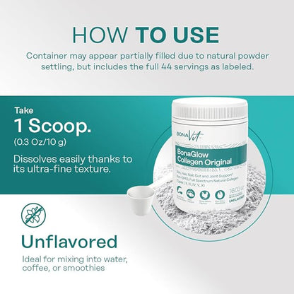 BonaGlow - Multi-Source Hydrolyzed Collagen - Powder Extract - 44 Servings - with Vitamin C, Probiotics, and Digestive Enzymes - Sugar-Free and Non-GMO - Paleo-Friendly - Skin, Nails, Hair