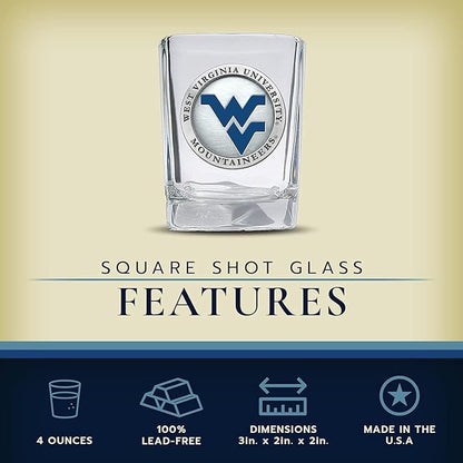 Heritage Pewter University of West Virginia Square Shot Glass | Hand-Sculpted 1.5 Ounce Shot Glass | Intricately Crafted Metal Pewter Alma Mater Inlay