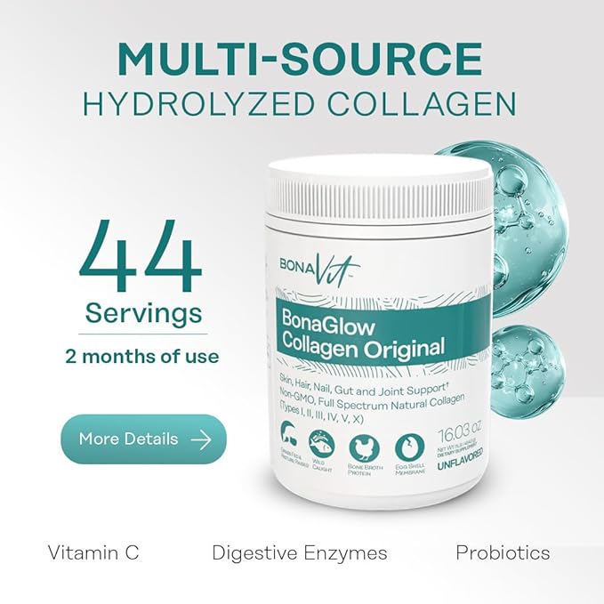 BonaGlow - Multi-Source Hydrolyzed Collagen - Powder Extract - 44 Servings - with Vitamin C, Probiotics, and Digestive Enzymes - Sugar-Free and Non-GMO - Paleo-Friendly - Skin, Nails, Hair